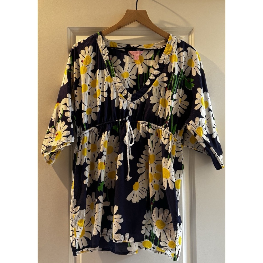 Lilly Pulitzer Daisy Print Tunic Top Cover Up Large Navy White Floral Drawstring